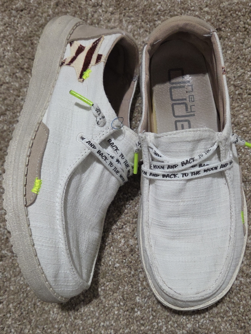 Hey Dude women’s White Canvas Slip-On with Tan Accents and Neon Highlights
